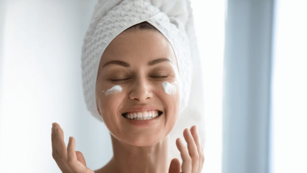 Healthy skincare products arranged neatly to represent a simple, modern routine for clean, hydrated, healthy-looking skin.