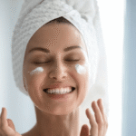 Healthy skincare products arranged neatly to represent a simple, modern routine for clean, hydrated, healthy-looking skin.