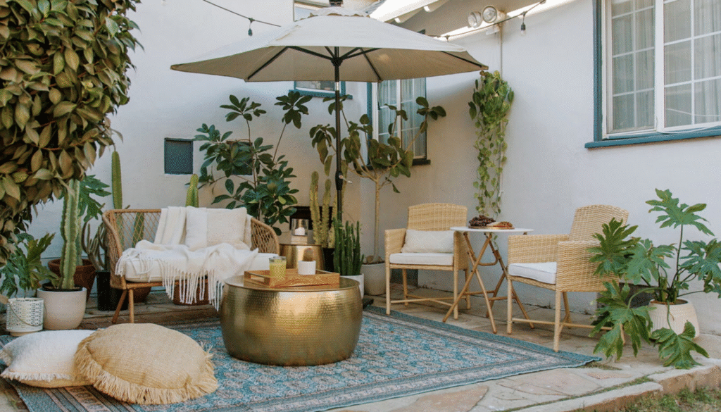 Cozy backyard with outdoor furniture, plants, warm lighting, cushions, and simple decor for relaxing evenings.