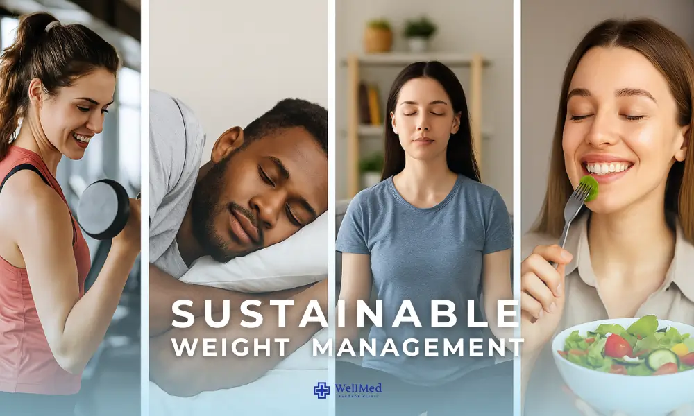 10 simple weight management tips featuring exercise, quality sleep, mindfulness, healthy eating, and sustainable wellness habits.
